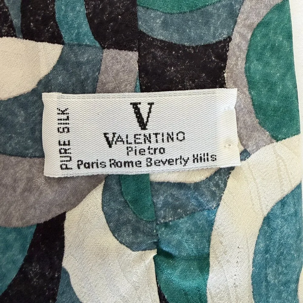 Vintage Valentino Pietro 100% Silk Abstract Print Turquoise Gray Black Tie